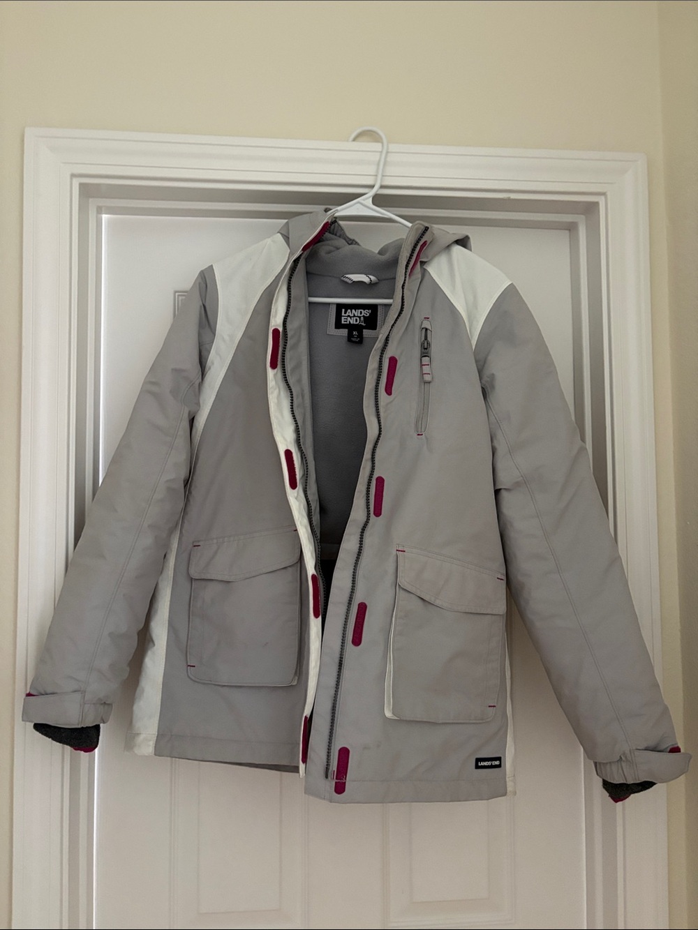 Lands' End Light Gray Ski Jacket with Pink Trim